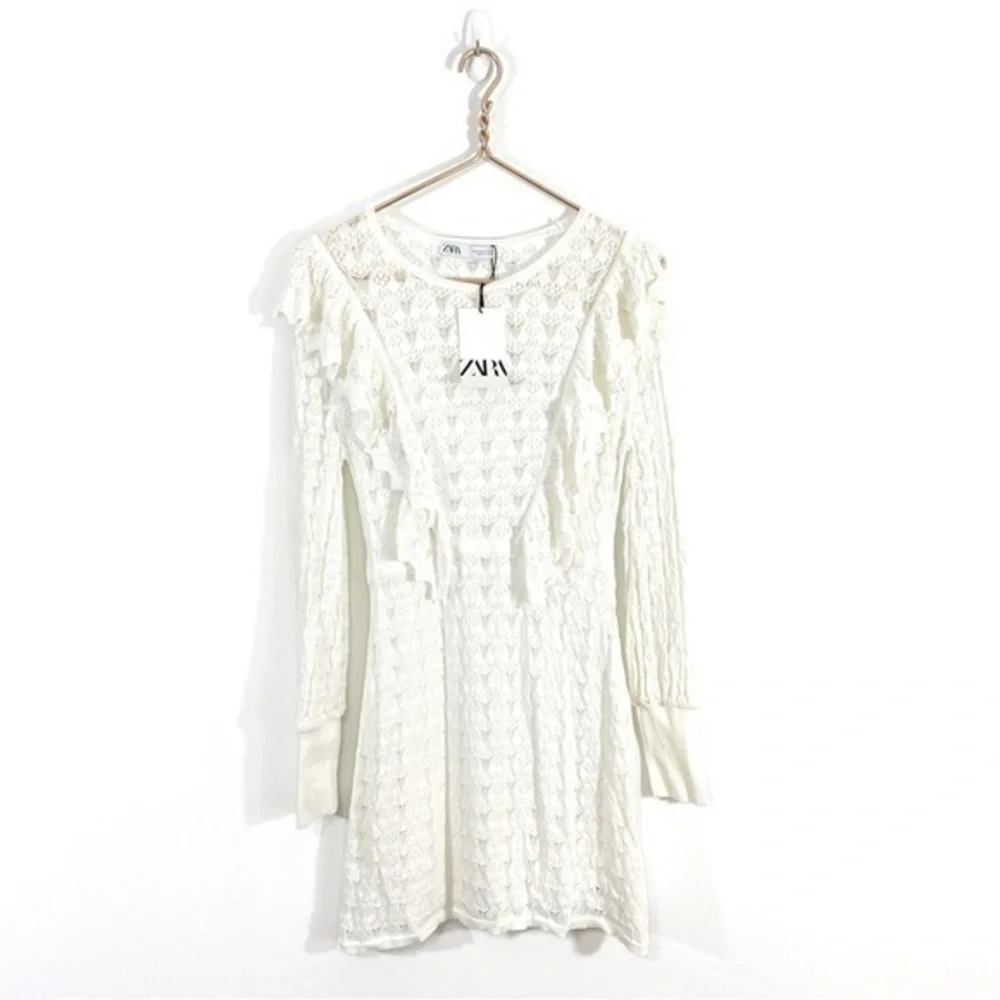 Zara NWT Medium White Pointelle‎ Knit Long Sleeve Mini Dress Ruffles